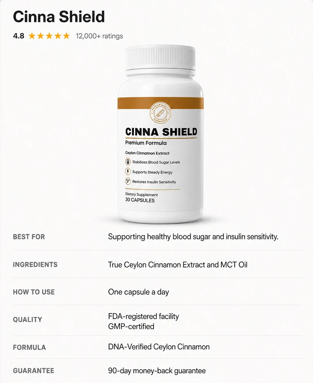 Cinna Shield product details: true Ceylon extract, 12:1 concentration, 60-day guarantee